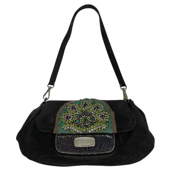 Prada Black Suede Rhinestone Alligator Flap Shoulder Bag - Picture 1 of 10